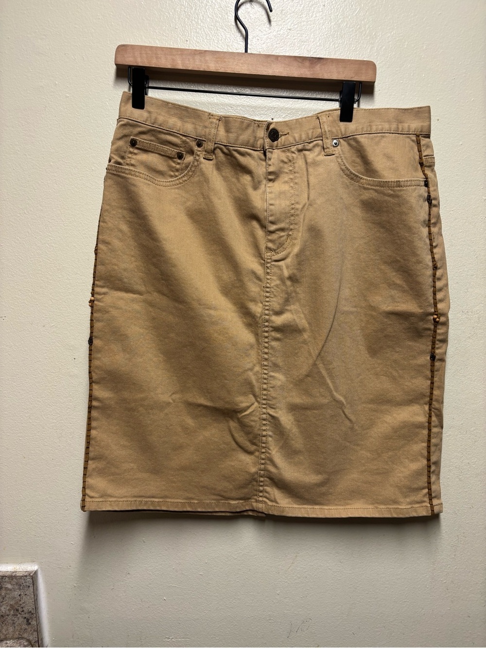 Vintage Lauren Ralph Lauren Khaki Denim Skirt Beaded Side Detail - Sz 12